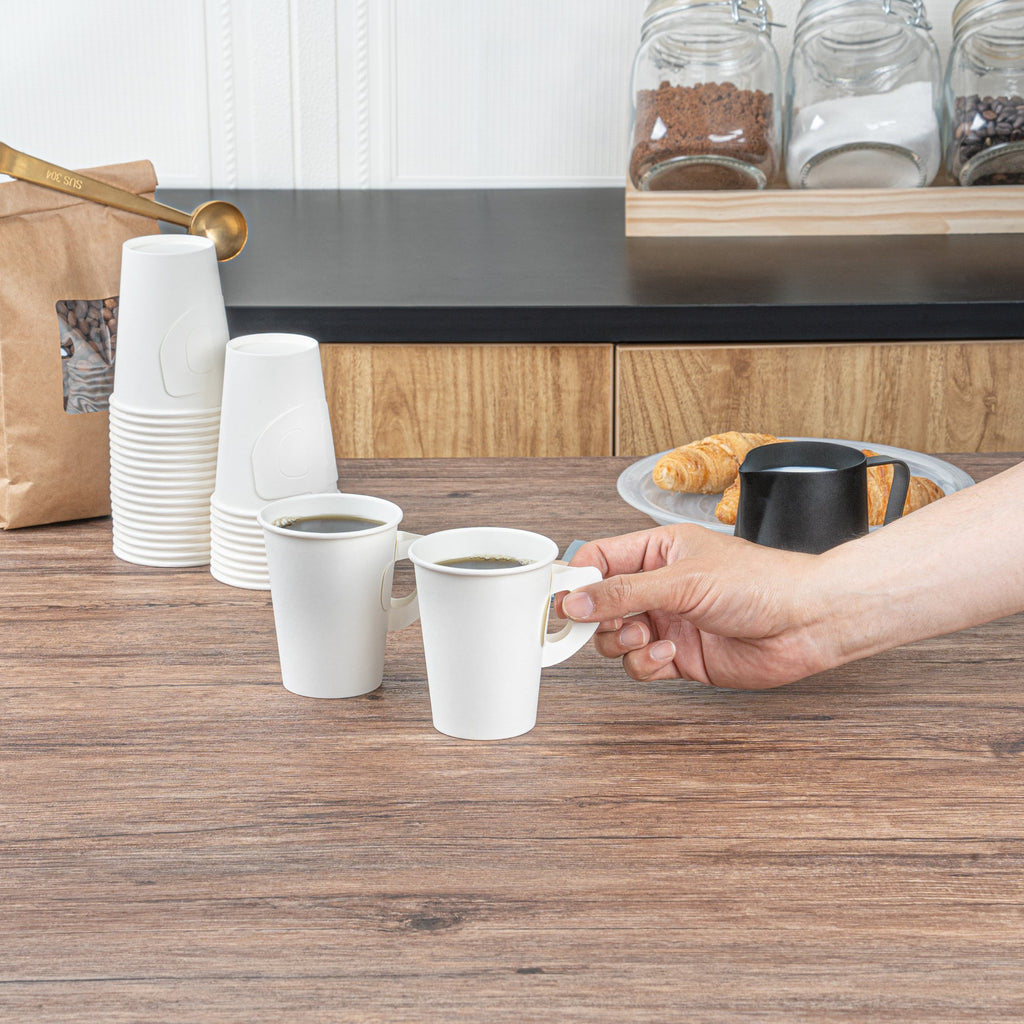 Restpresso 9 oz White Paper Coffee Cup - with Handle, Single Wall - 3" x 3" x 3 1/2" - 100 count box