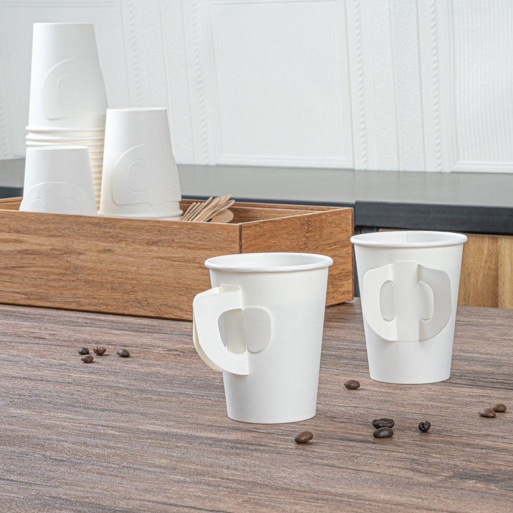 Restpresso 9 oz White Paper Coffee Cup - with Handle, Single Wall - 3" x 3" x 3 1/2" - 100 count box