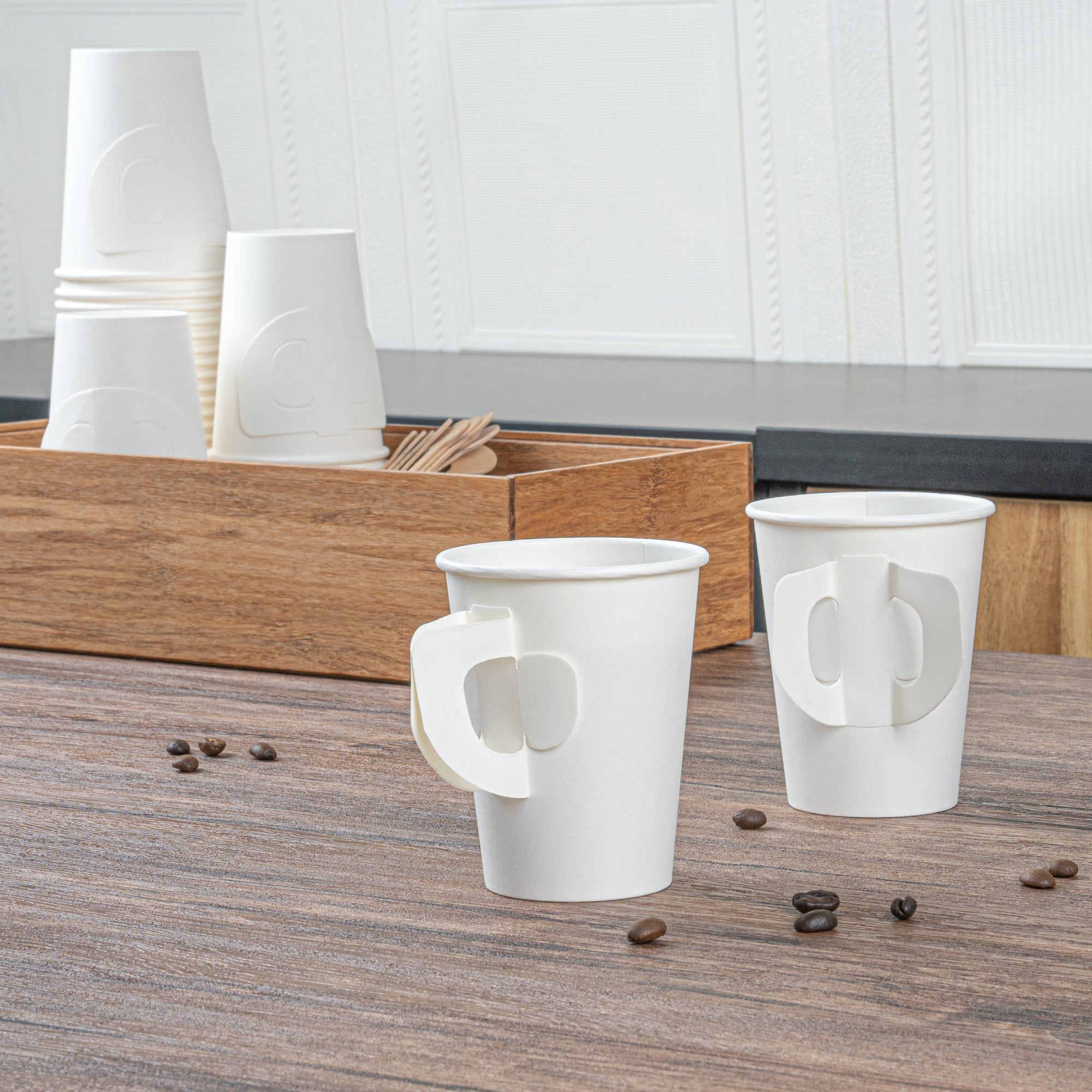 Restpresso 9 oz White Paper Coffee Cup - with Handle, Single Wall - 3" x 3" x 3 1/2" - 100 count box