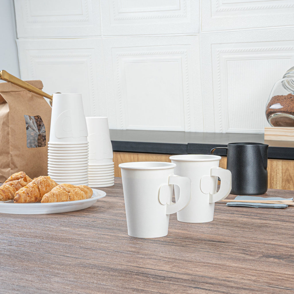 Restpresso 9 oz White Paper Coffee Cup - with Handle, Single Wall - 3" x 3" x 3 1/2" - 1000 count box