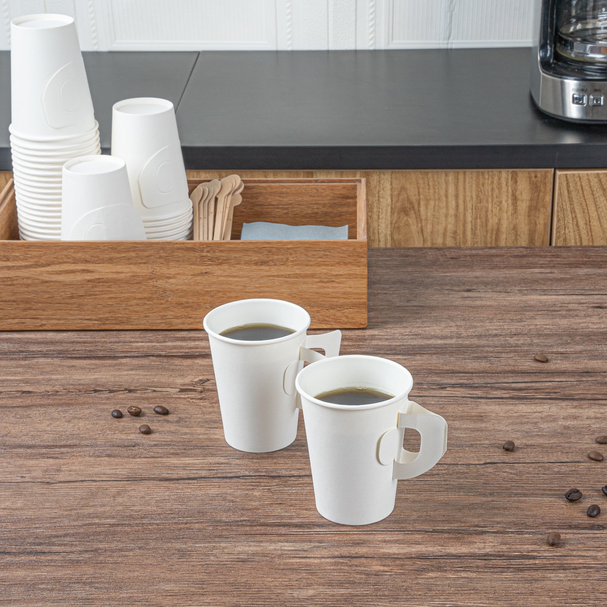 Restpresso 9 oz White Paper Coffee Cup - with Handle, Single Wall - 3" x 3" x 3 1/2" - 1000 count box