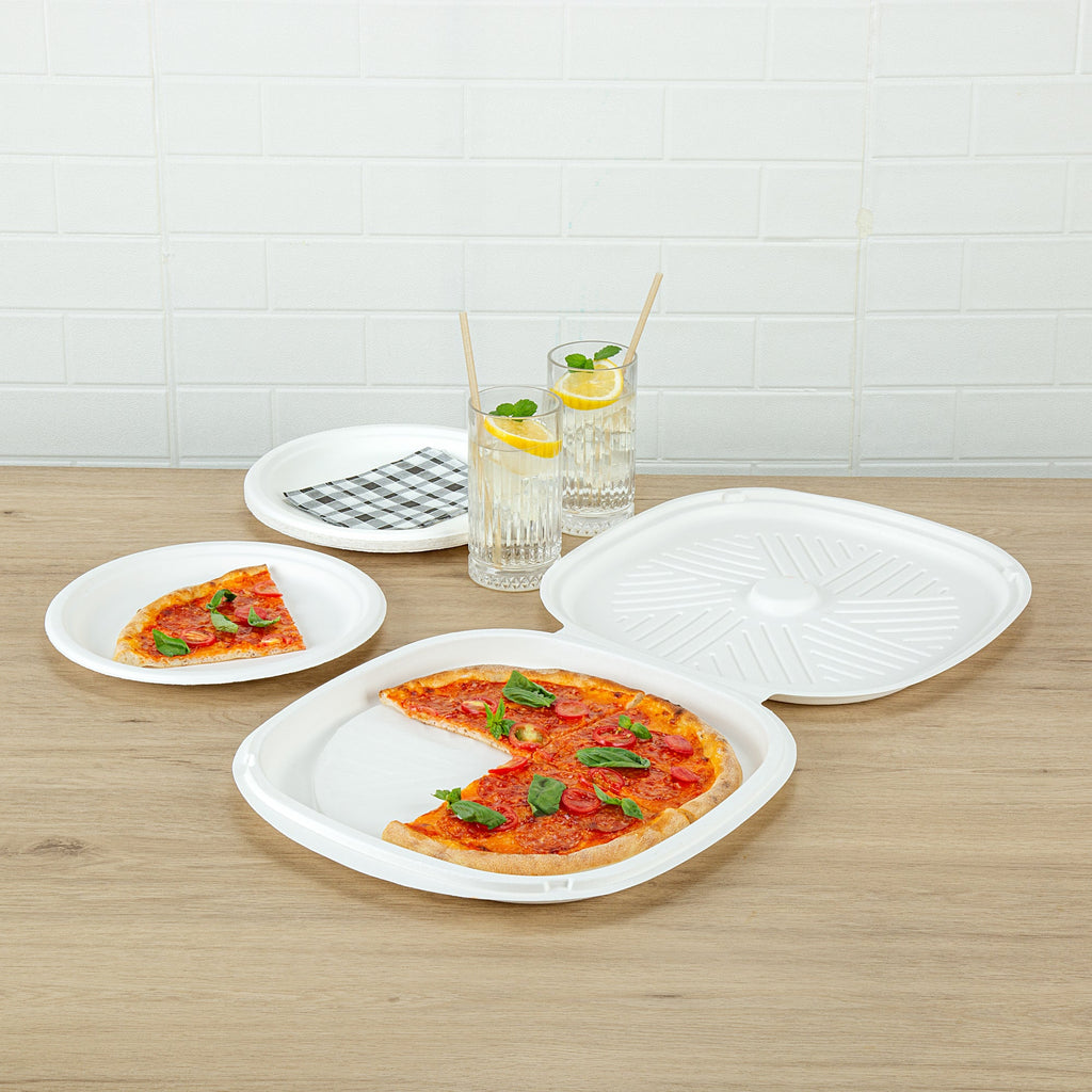 Pulp Safe No PFAS Added White Sugarcane / Bagasse Pizza Box - 13 3/4" x 13 3/4" x 1" - 25 count box