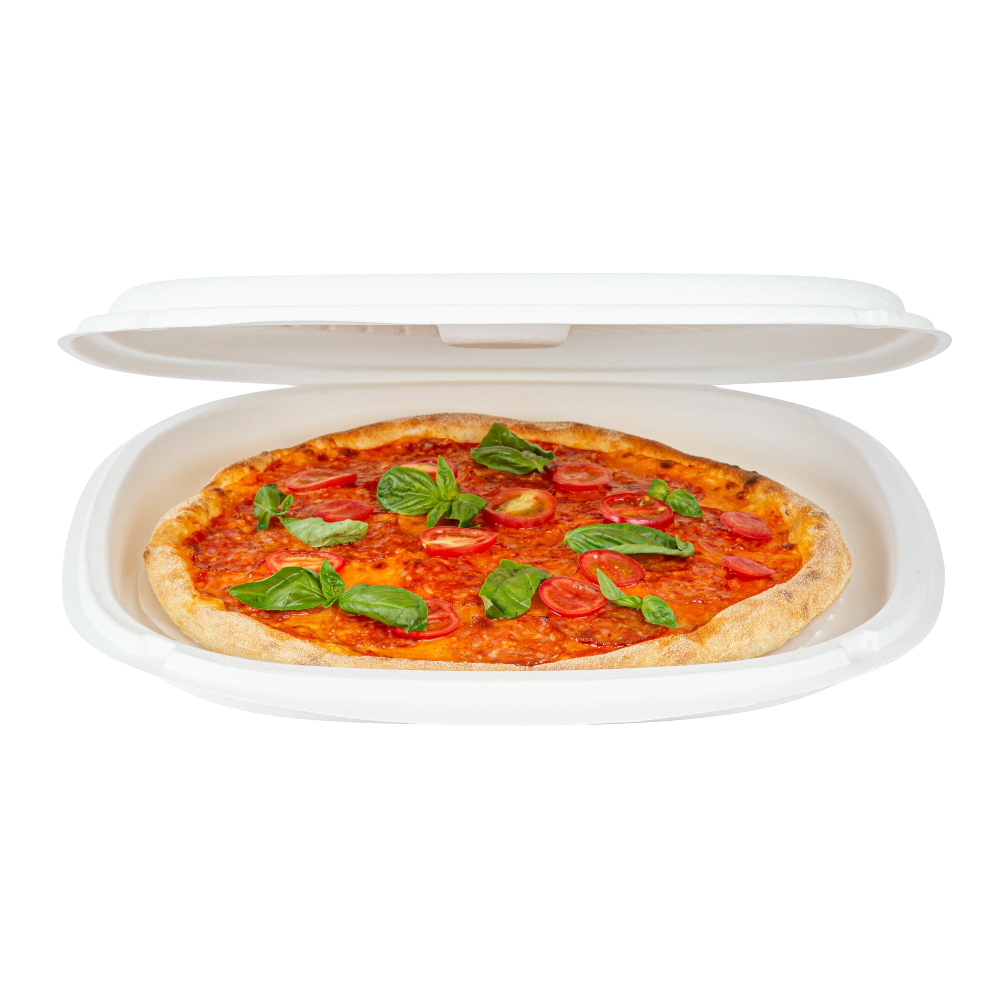 Pulp Safe No PFAS Added White Sugarcane / Bagasse Pizza Box - 13 3/4" x 13 3/4" x 1" - 25 count box