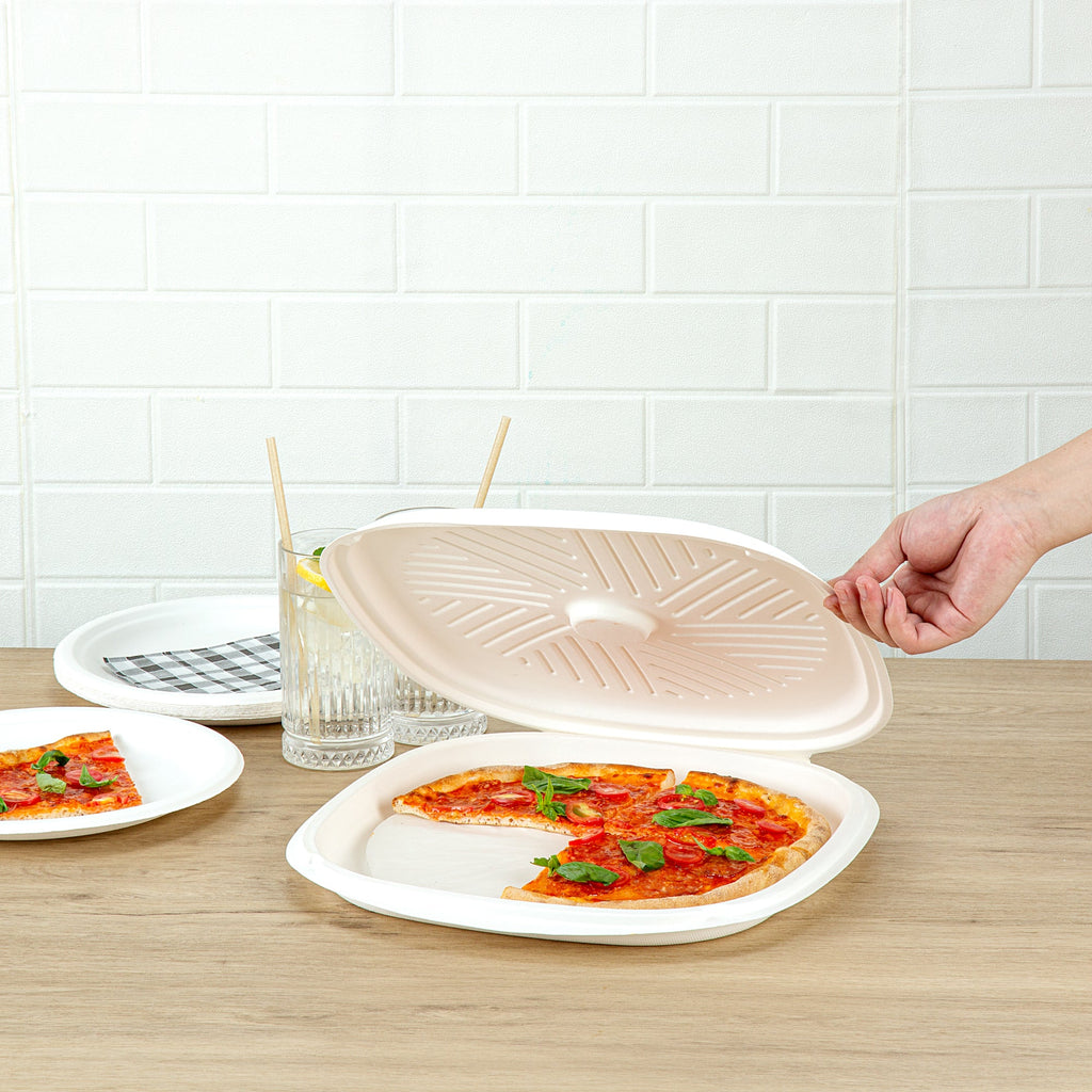 Pulp Safe No PFAS Added White Sugarcane / Bagasse Pizza Box - 13 3/4" x 13 3/4" x 1" - 25 count box