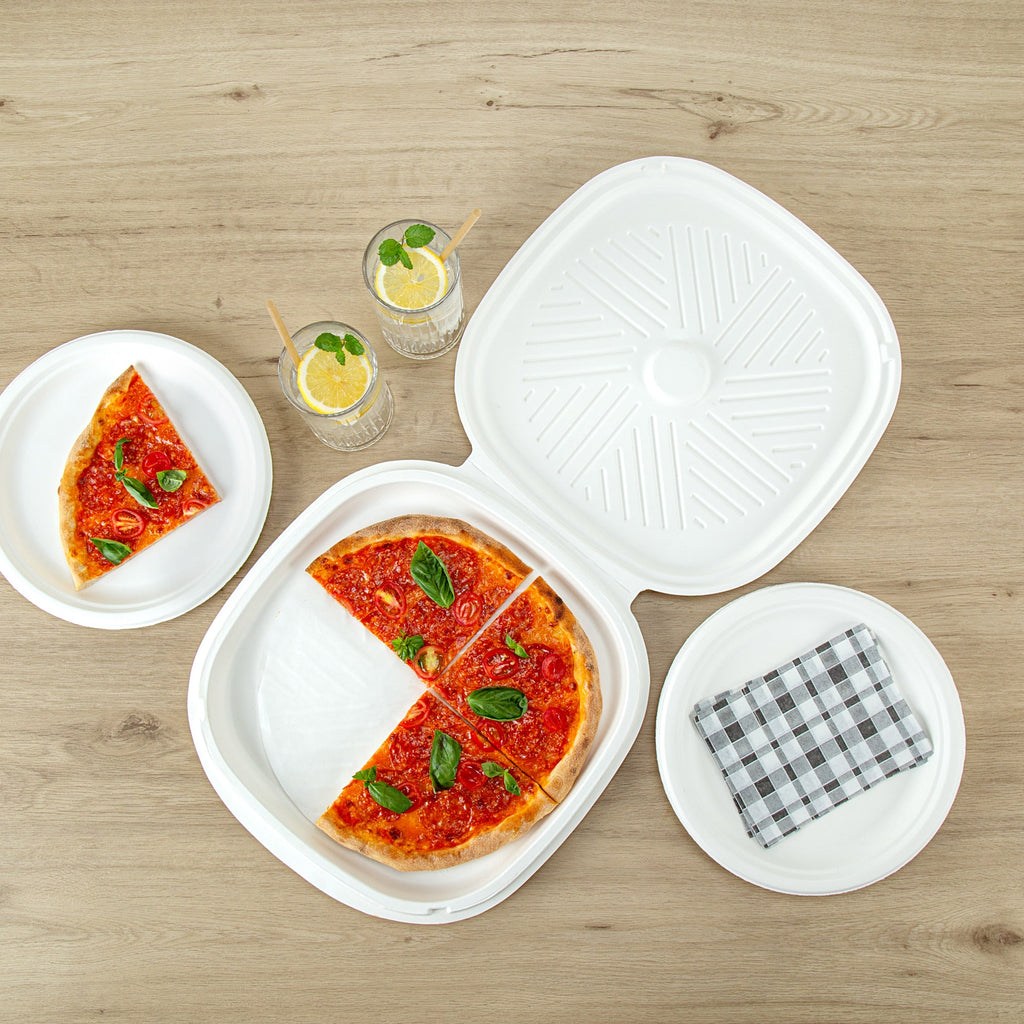 Pulp Safe No PFAS Added White Sugarcane / Bagasse Pizza Box - 13 3/4" x 13 3/4" x 1" - 25 count box