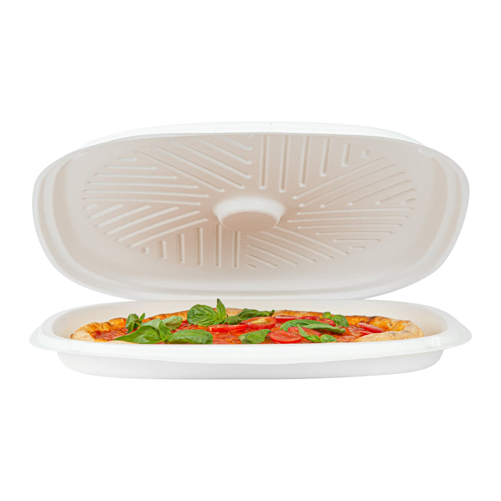 Pulp Safe No PFAS Added White Sugarcane / Bagasse Pizza Box - 13 3/4" x 13 3/4" x 1" - 50 count box