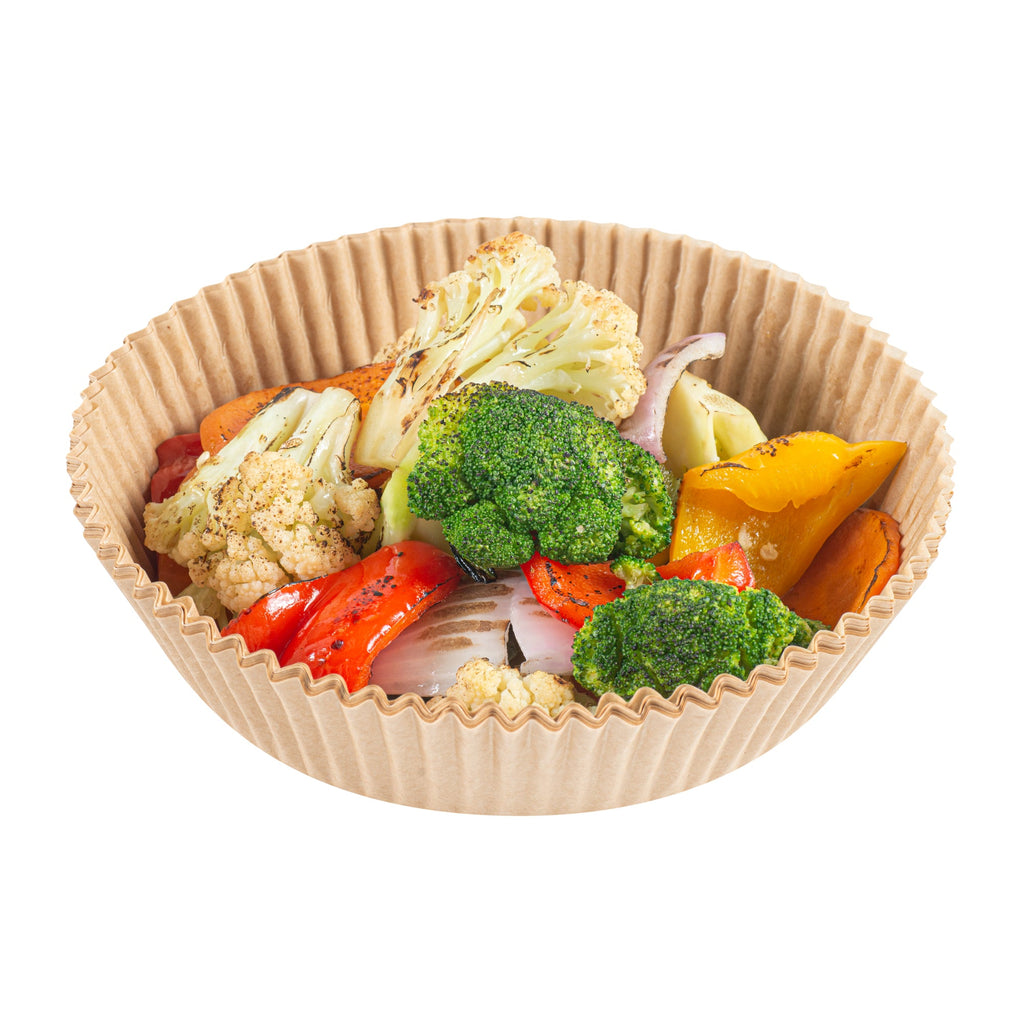 Pastry Tek Round Unbleached Air Fryer Liner / Parchment Paper - Silicone Coated - 6 1/4" x 6 1/4" x 1 3/4" - 100 count box