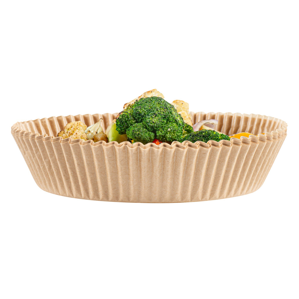 Pastry Tek Round Unbleached Air Fryer Liner / Parchment Paper - Silicone Coated - 6 1/4" x 6 1/4" x 1 3/4" - 100 count box