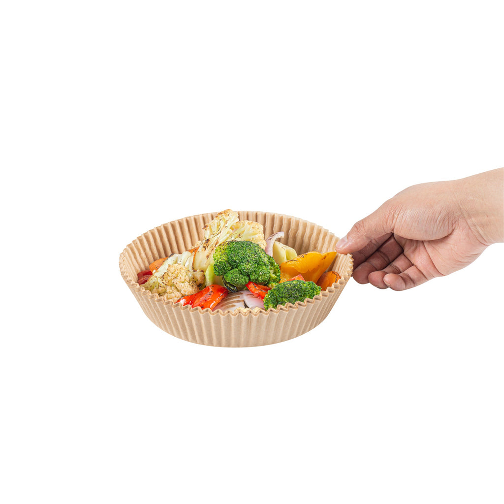 Pastry Tek Round Unbleached Air Fryer Liner / Parchment Paper - Silicone Coated - 6 1/4" x 6 1/4" x 1 3/4" - 100 count box