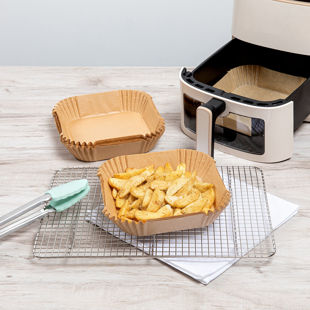 Pastry Tek Square Unbleached Air Fryer Liner / Parchment Paper - Silicone Coated - 6 1/4" x 6 1/4" x 1 3/4" - 100 count box