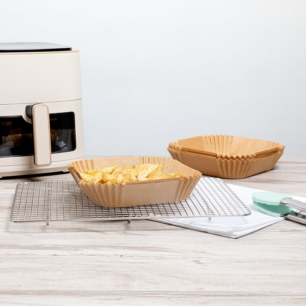 Pastry Tek Square Unbleached Air Fryer Liner / Parchment Paper - Silicone Coated - 6 1/4" x 6 1/4" x 1 3/4" - 100 count box