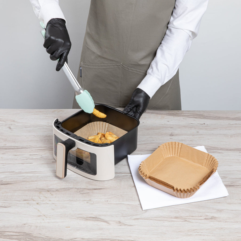 Pastry Tek Square Unbleached Air Fryer Liner / Parchment Paper - Silicone Coated - 6 1/4" x 6 1/4" x 1 3/4" - 100 count box