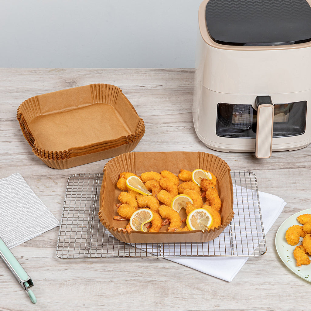 Pastry Tek Square Unbleached Air Fryer Liner / Parchment Paper - Silicone Coated - 8" x 8" x 1 3/4" - 100 count box