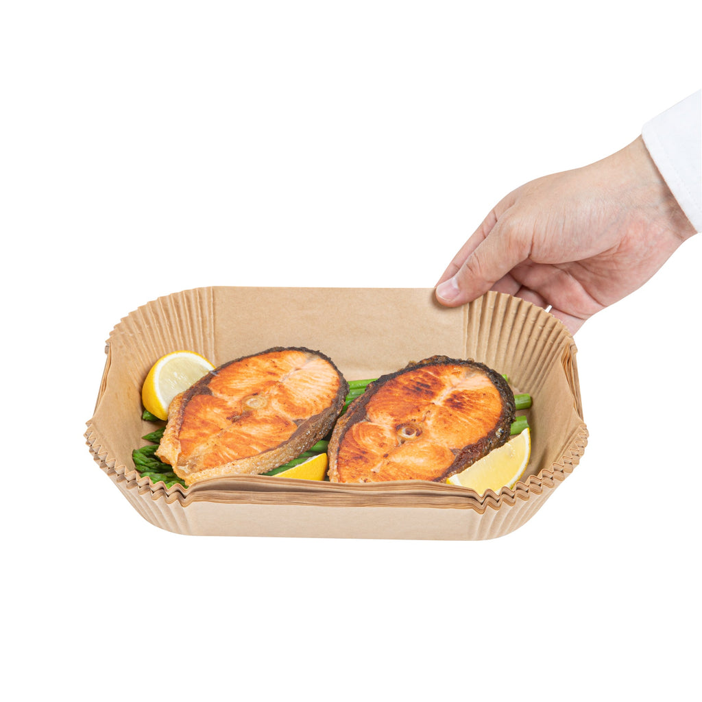Pastry Tek Rectangle Unbleached Air Fryer Liner / Parchment Paper - Silicone Coated - 8" x 5 1/2" x 1 3/4" - 100 count box