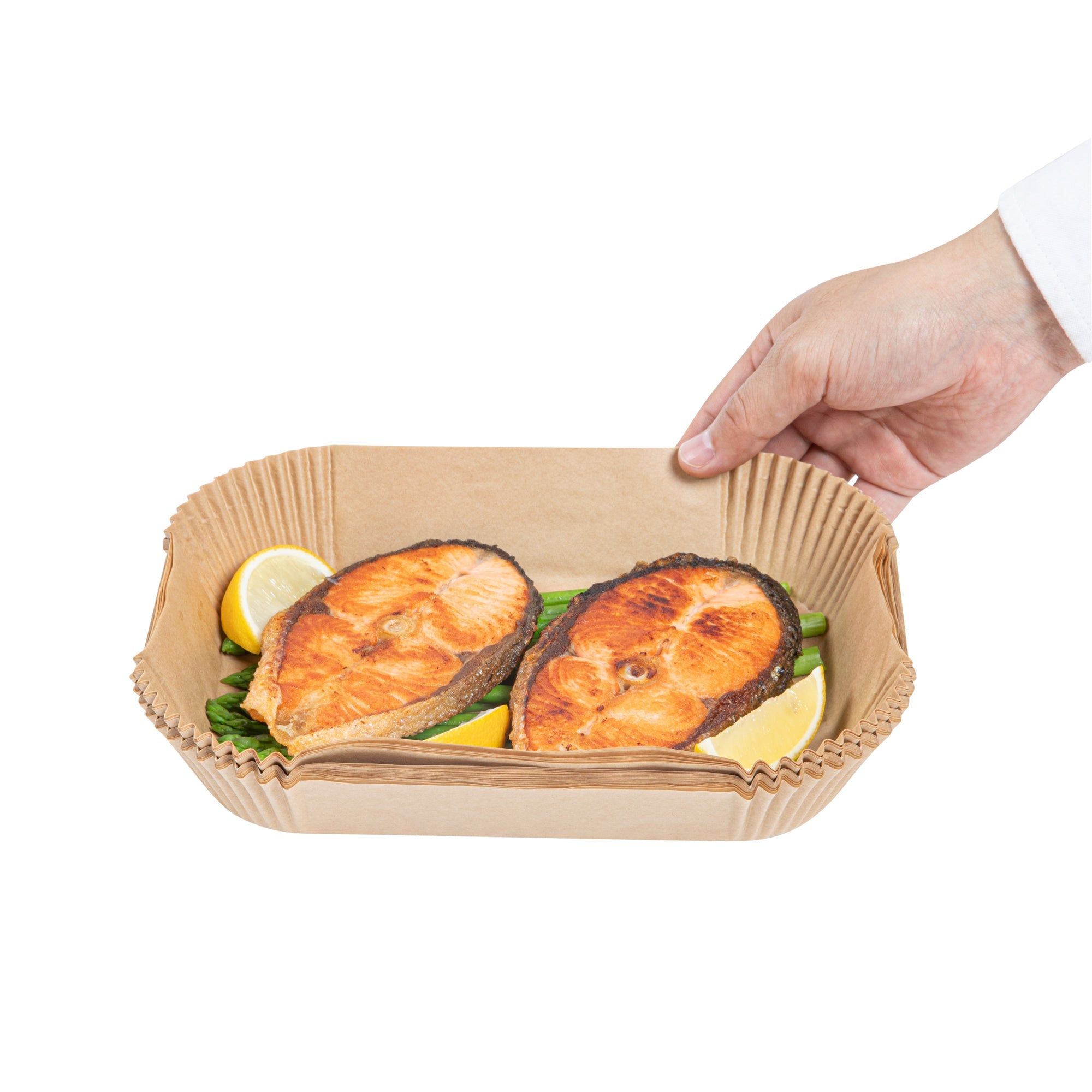 Pastry Tek Rectangle Unbleached Air Fryer Liner / Parchment Paper - Silicone Coated - 8" x 5 1/2" x 1 3/4" - 100 count box