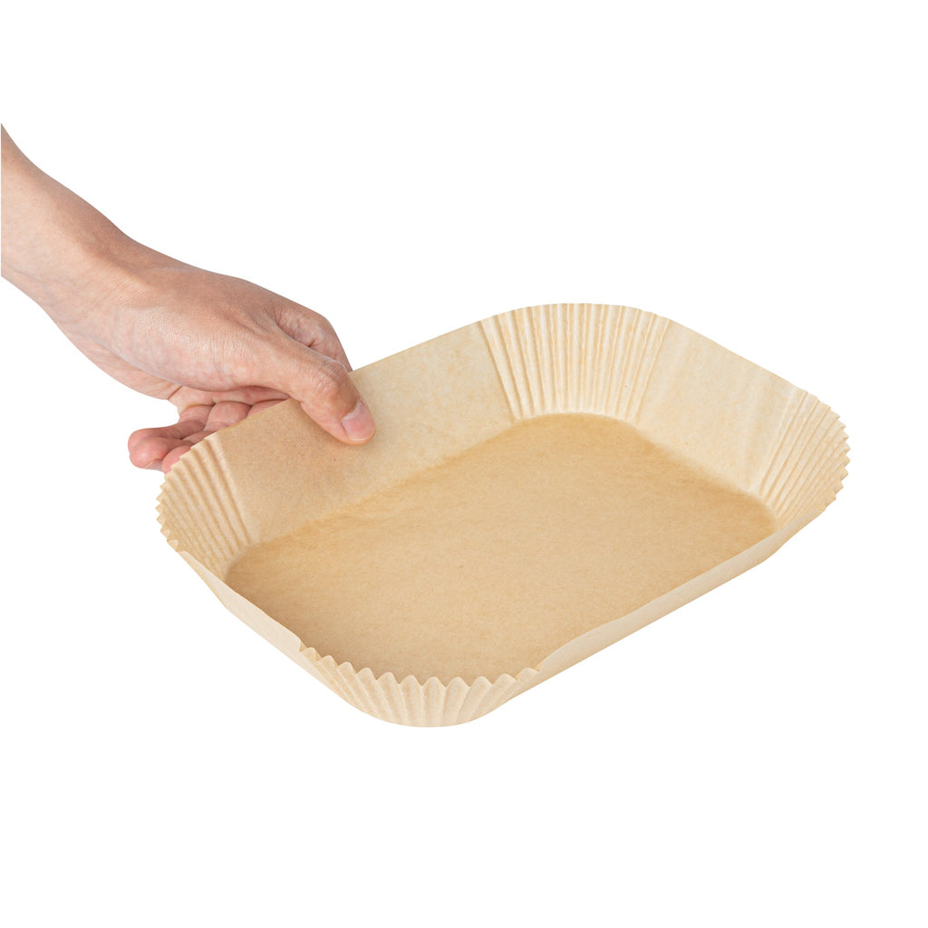 Pastry Tek Rectangle Unbleached Air Fryer Liner / Parchment Paper - Silicone Coated - 8" x 5 1/2" x 1 3/4" - 100 count box