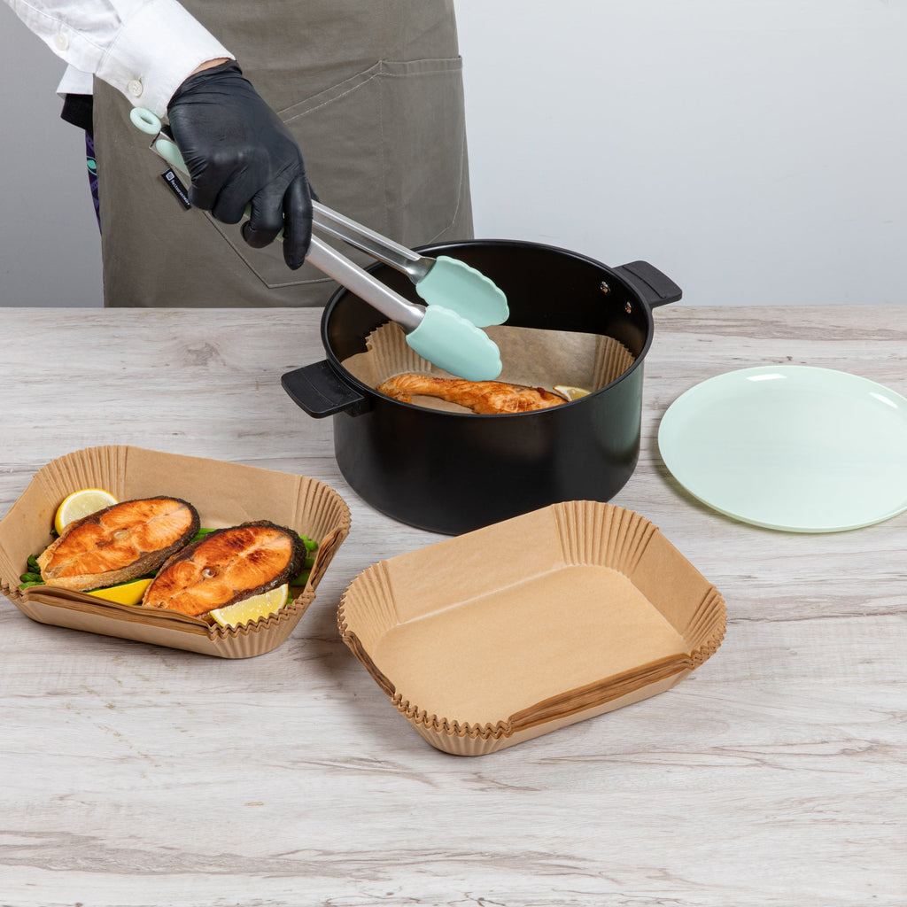 Pastry Tek Rectangle Unbleached Air Fryer Liner / Parchment Paper - Silicone Coated - 8" x 5 1/2" x 1 3/4" - 100 count box