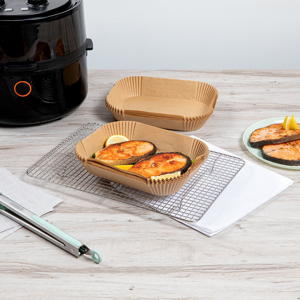 Pastry Tek Rectangle Unbleached Air Fryer Liner / Parchment Paper - Silicone Coated - 8" x 5 1/2" x 1 3/4" - 100 count box