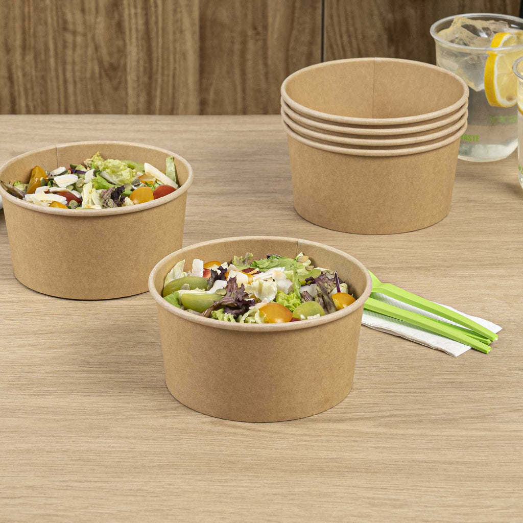 Bio Tek 34 oz Round Kraft Paper Take Out Container - 6" x 6" x 3" - 50 count box