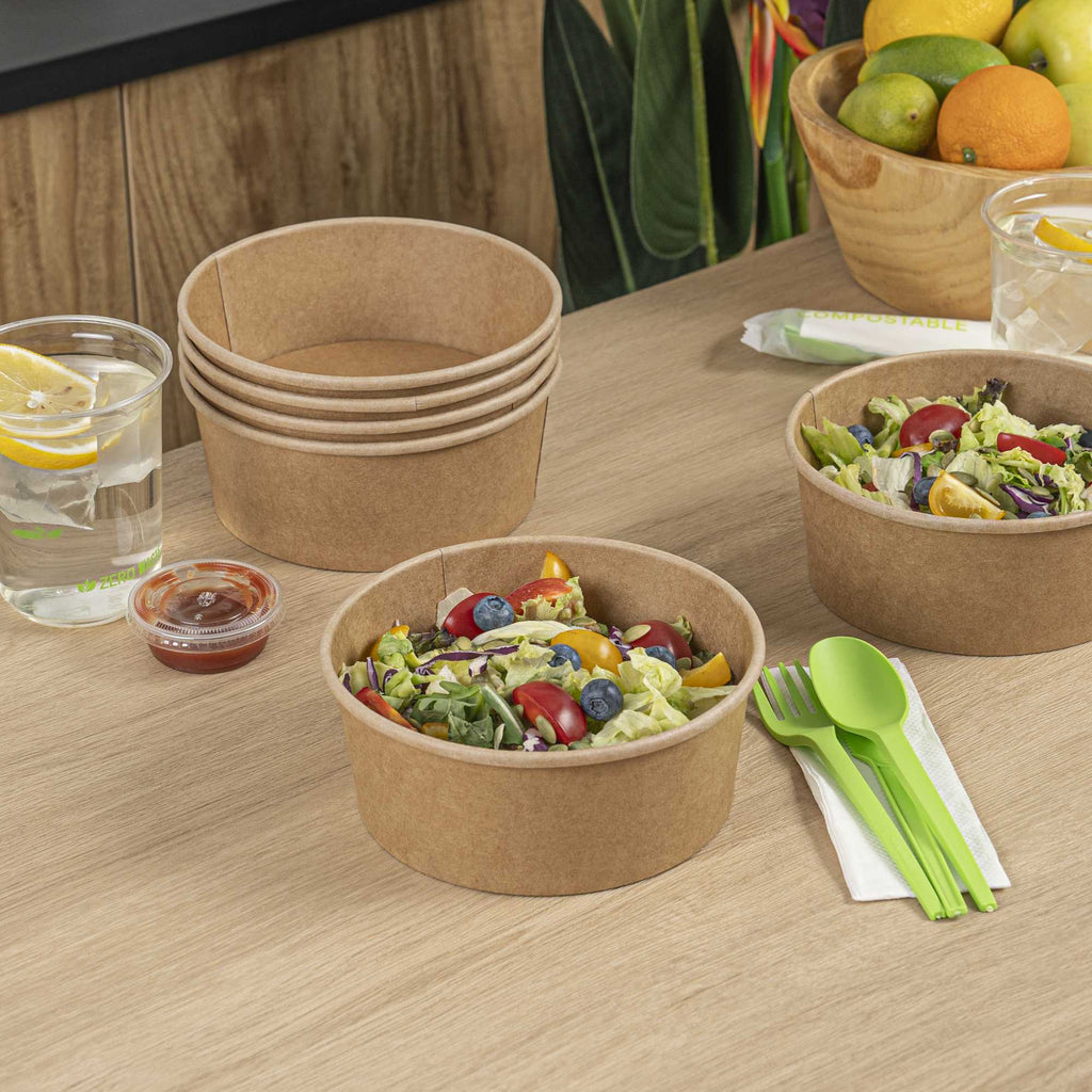 Bio Tek 37 oz Round Kraft Paper Take Out Container - 6 1/2" x 6 1/2" x 2 1/2" - 50 count box