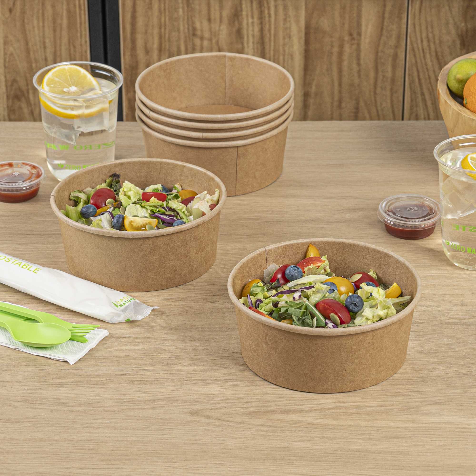 Bio Tek 37 oz Round Kraft Paper Take Out Container - 6 1/2" x 6 1/2" x 2 1/2" - 50 count box
