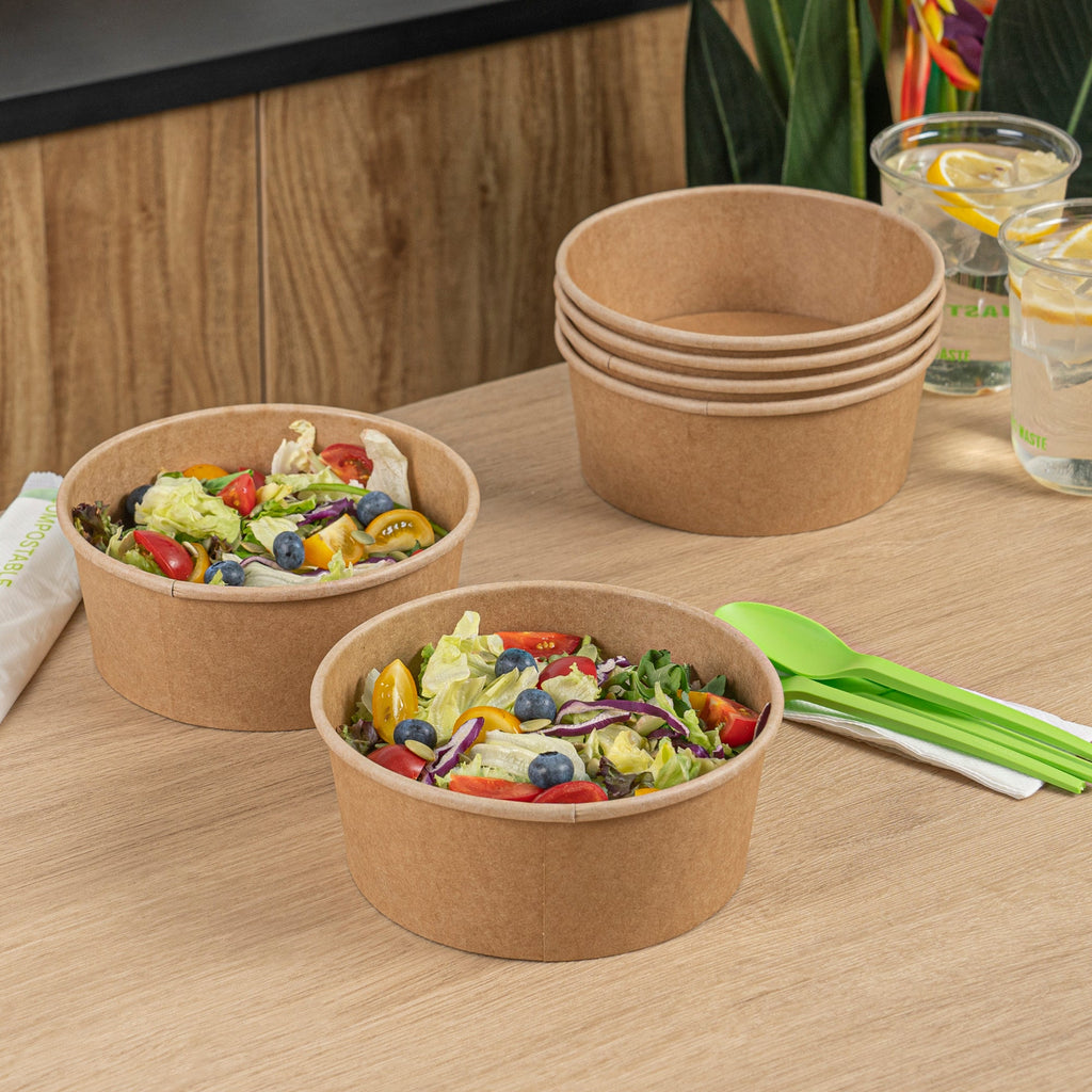 Bio Tek 37 oz Round Kraft Paper Take Out Container - 6 1/2" x 6 1/2" x 2 1/2" - 200 count box