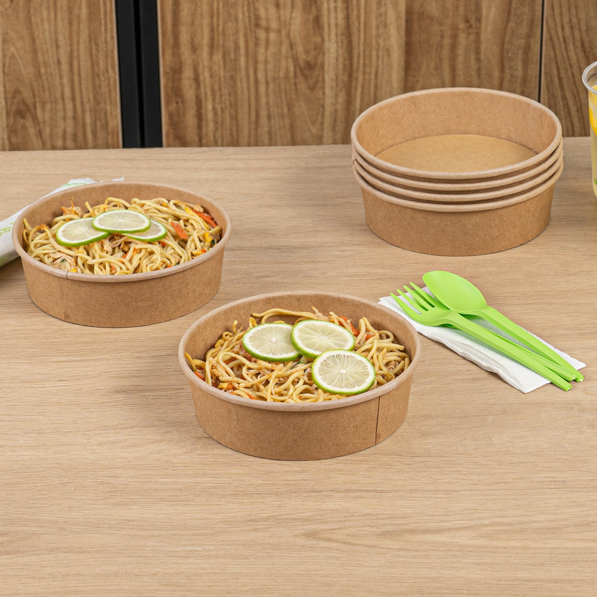 Bio Tek 22 oz Round Kraft Paper Take Out Container - 6 1/2" x 6 1/2" x 1 3/4" - 200 count box