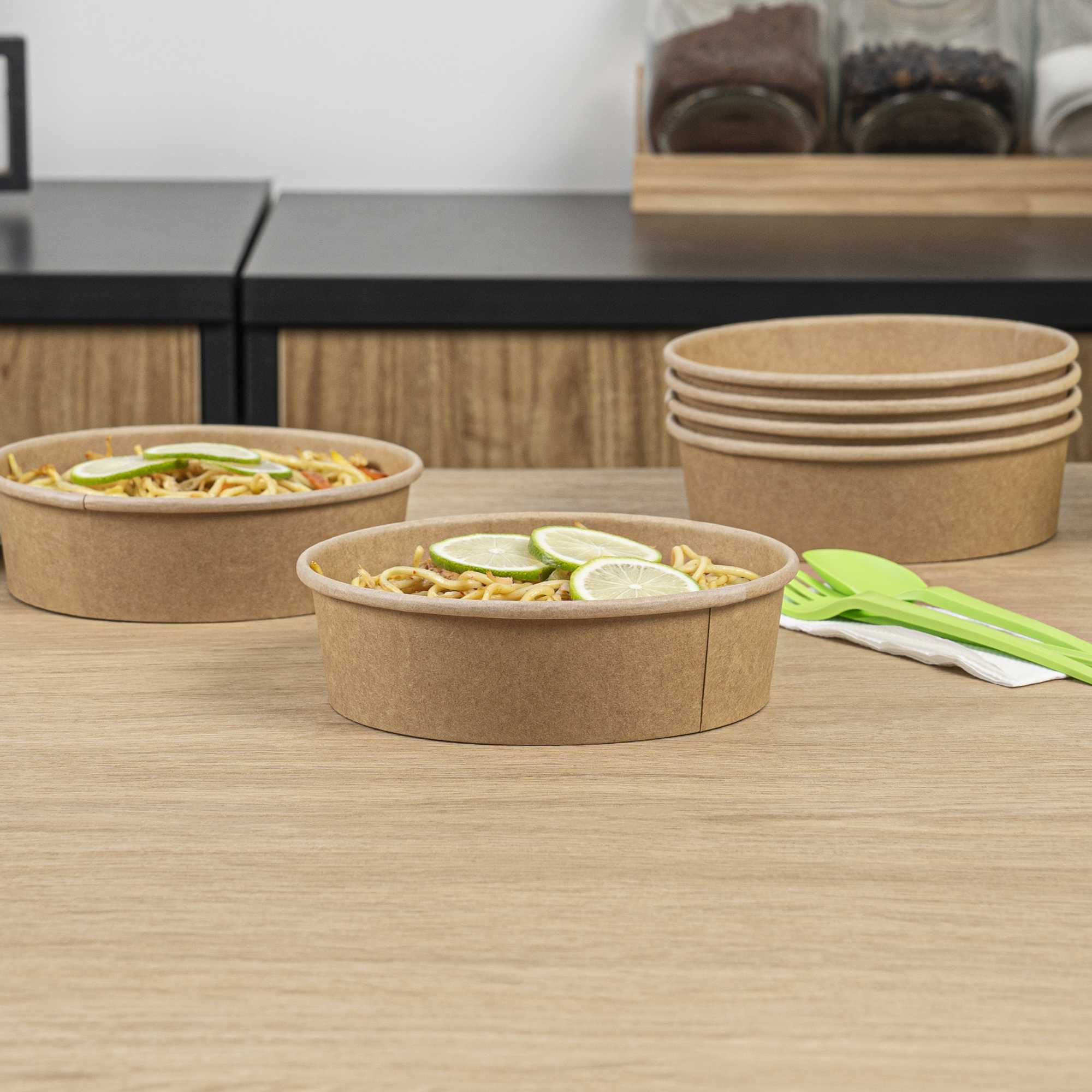 Bio Tek 22 oz Round Kraft Paper Take Out Container - 6 1/2" x 6 1/2" x 1 3/4" - 50 count box