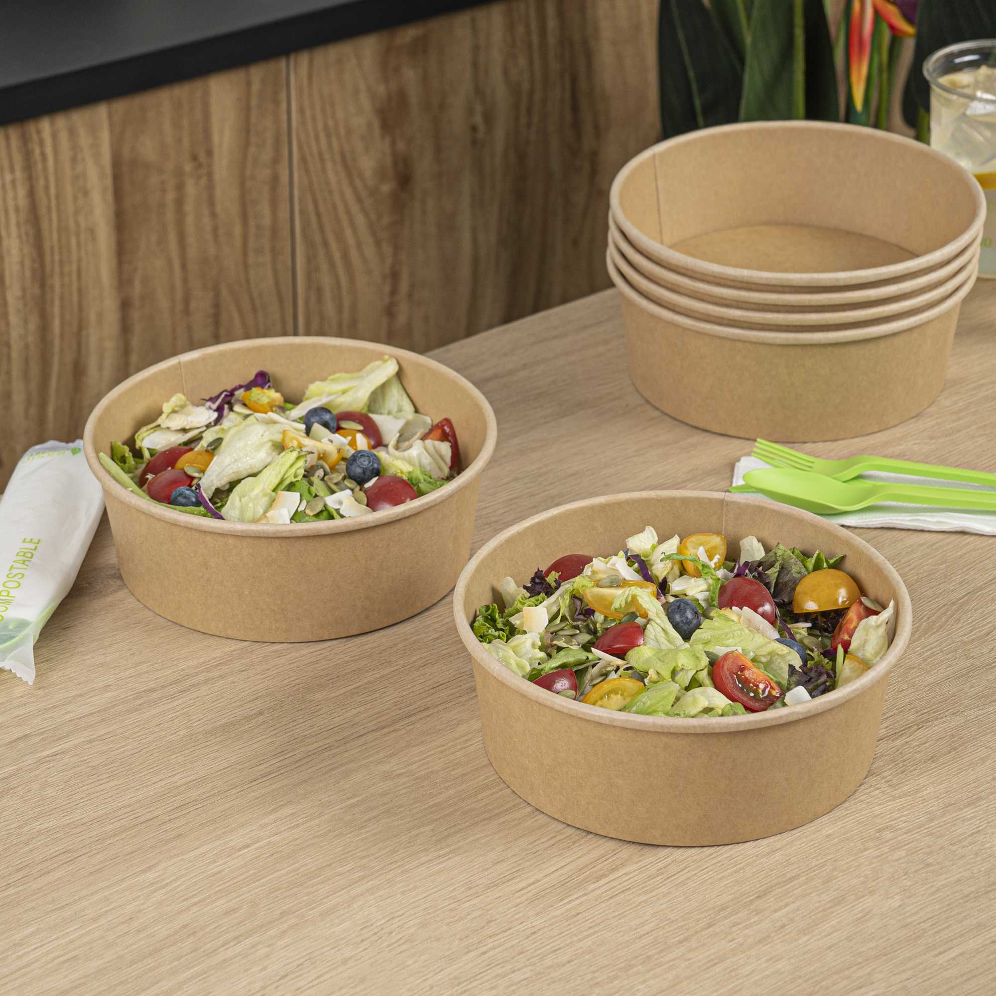 Bio Tek 45 oz Round Kraft Paper Take Out Container - 7 1/4" x 7 1/4" x 2 1/2" - 50 count box