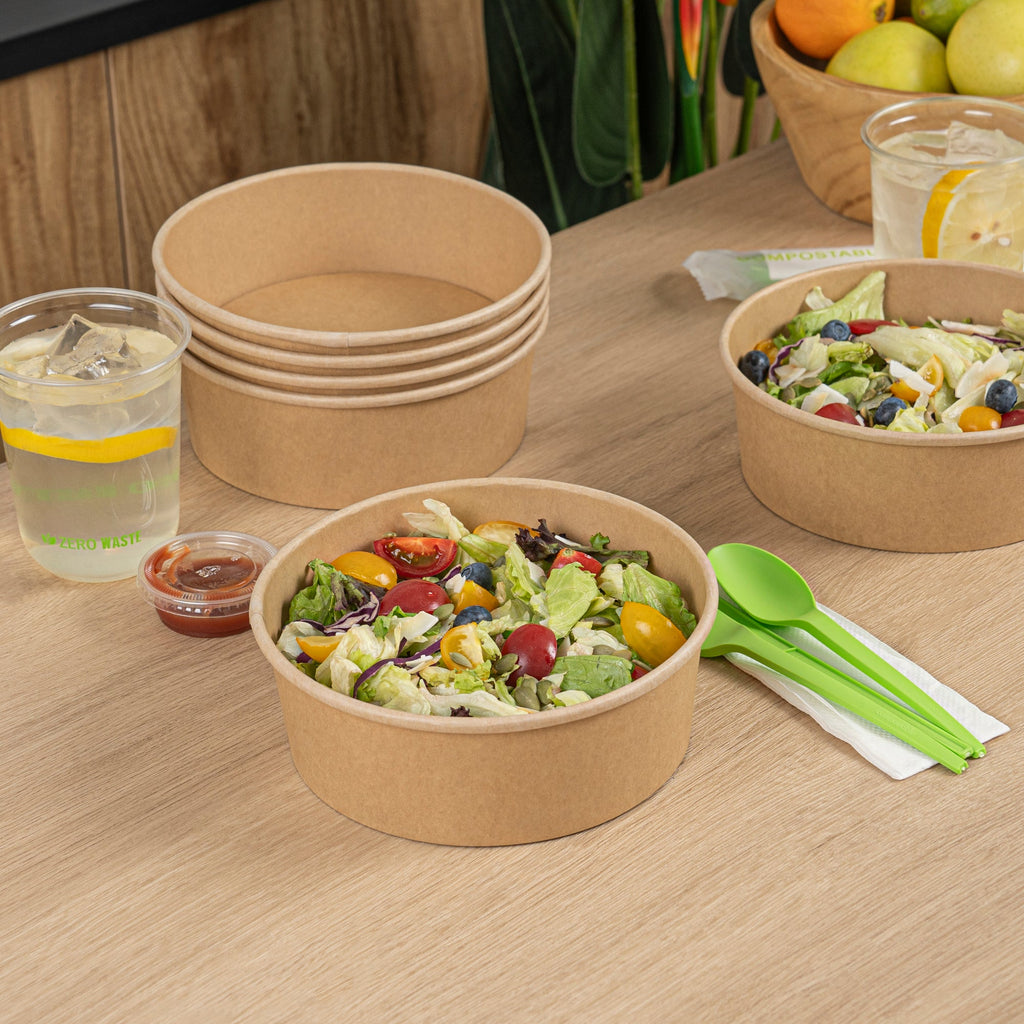 Bio Tek 45 oz Round Kraft Paper Take Out Container - 7 1/4" x 7 1/4" x 2 1/2" - 200 count box