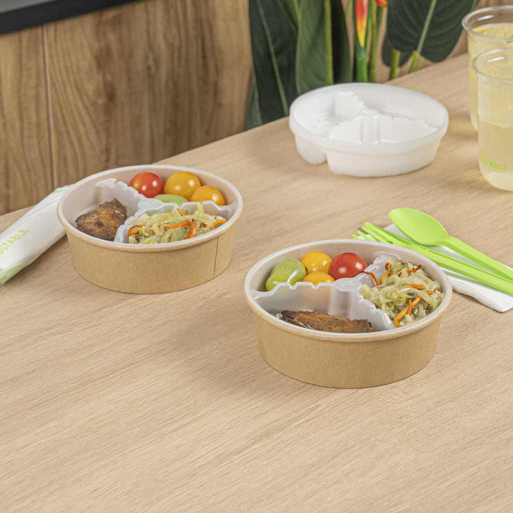 Bio Tek 12 oz White Plastic 3-Compartment Insert Tray - Fits 17-45 oz Containers - 50 count box