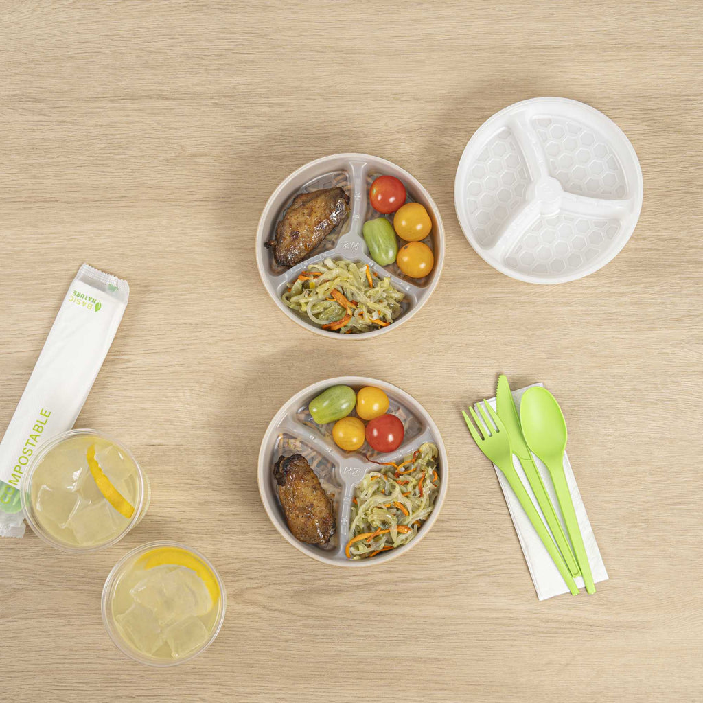 Bio Tek 12 oz White Plastic 3-Compartment Insert Tray - Fits 17-45 oz Containers - 50 count box