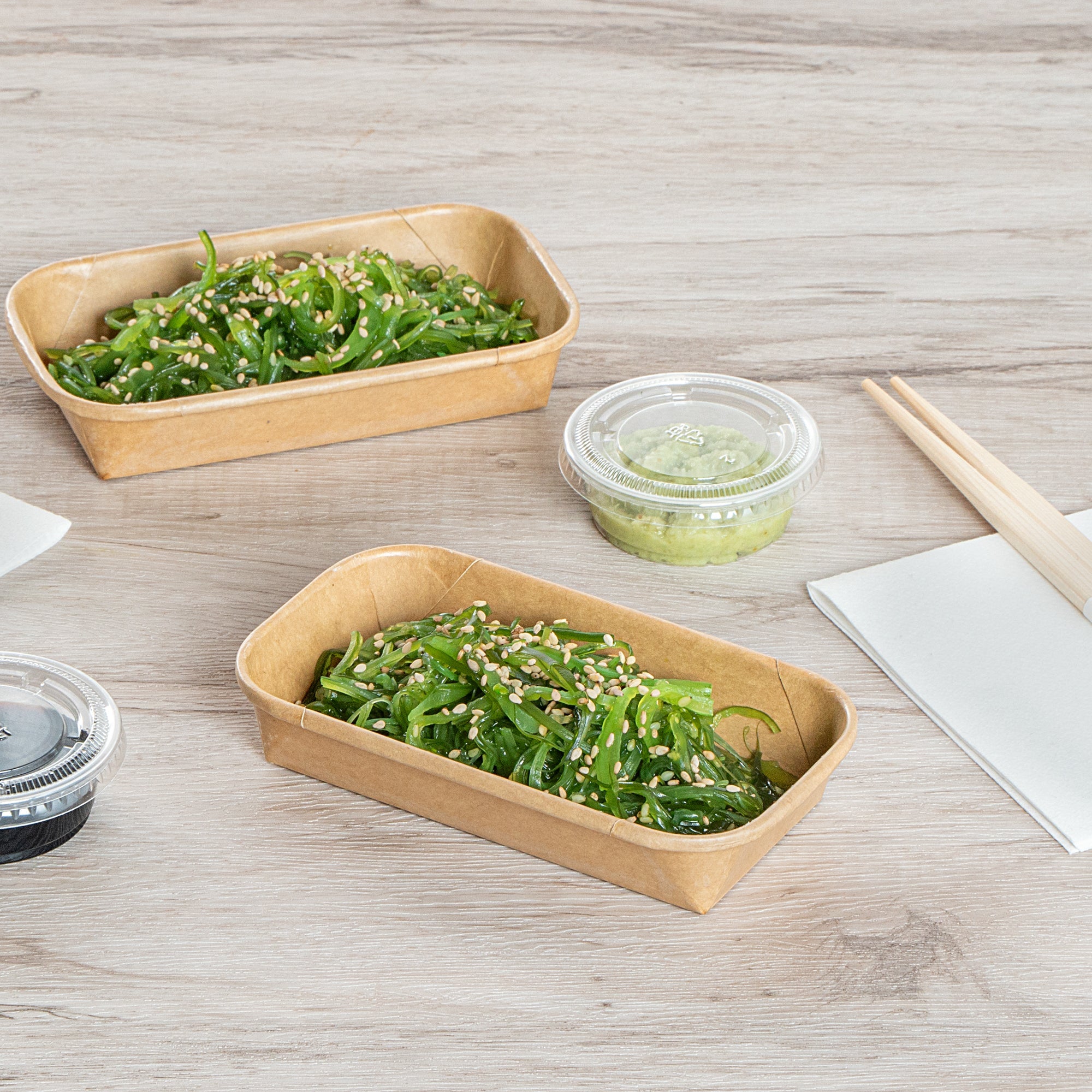 Matsuri Vision 5 oz Rectangle Kraft Paper Sushi Container - 5 1/2" x 3 1/4" x 1" - 50 count box