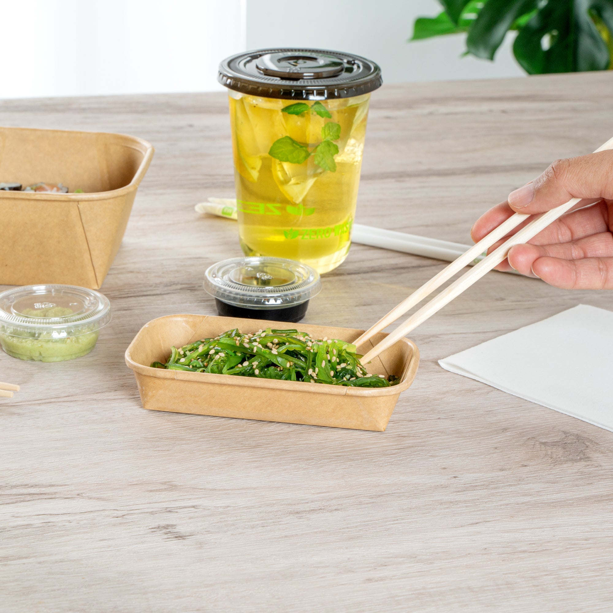 Matsuri Vision 5 oz Rectangle Kraft Paper Sushi Container - 5 1/2" x 3 1/4" x 1" - 50 count box
