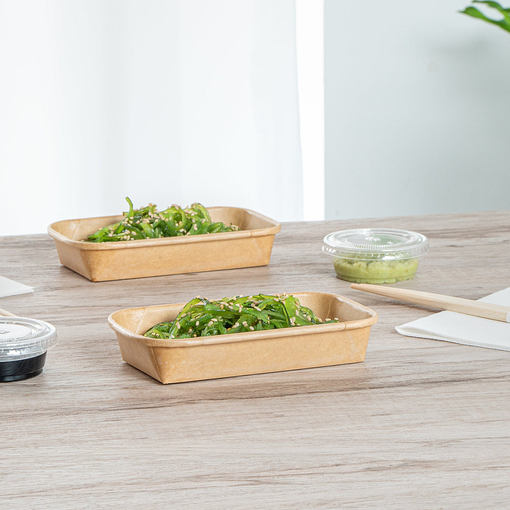 Matsuri Vision 5 oz Rectangle Kraft Paper Sushi Container - 5 1/2" x 3 1/4" x 1" - 50 count box