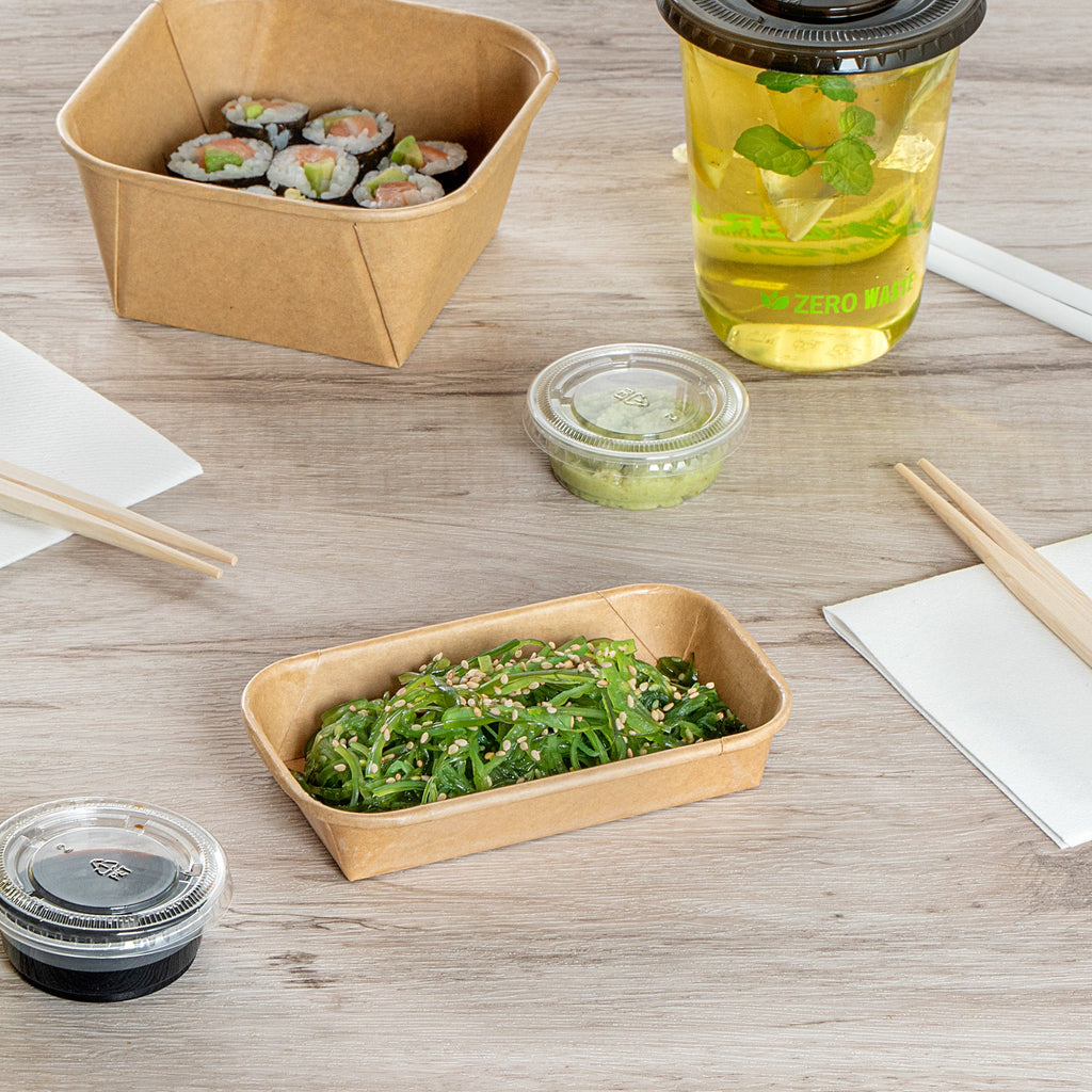 Matsuri Vision 5 oz Rectangle Kraft Paper Sushi Container - 5 1/2" x 3 1/4" x 1" - 100 count box