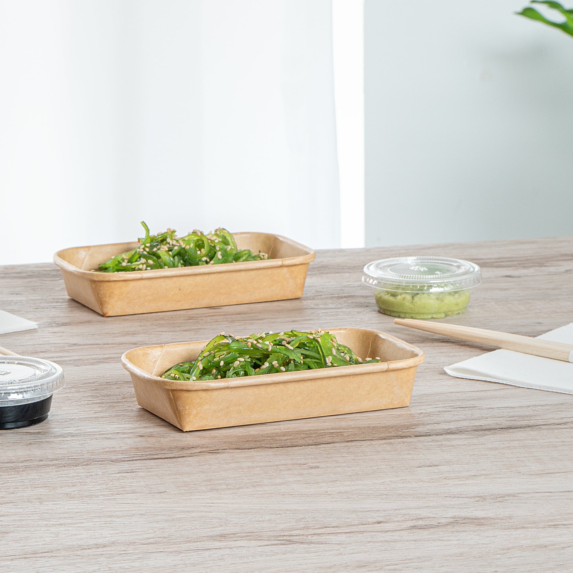 Matsuri Vision 5 oz Rectangle Kraft Paper Sushi Container - 5 1/2" x 3 1/4" x 1" - 100 count box