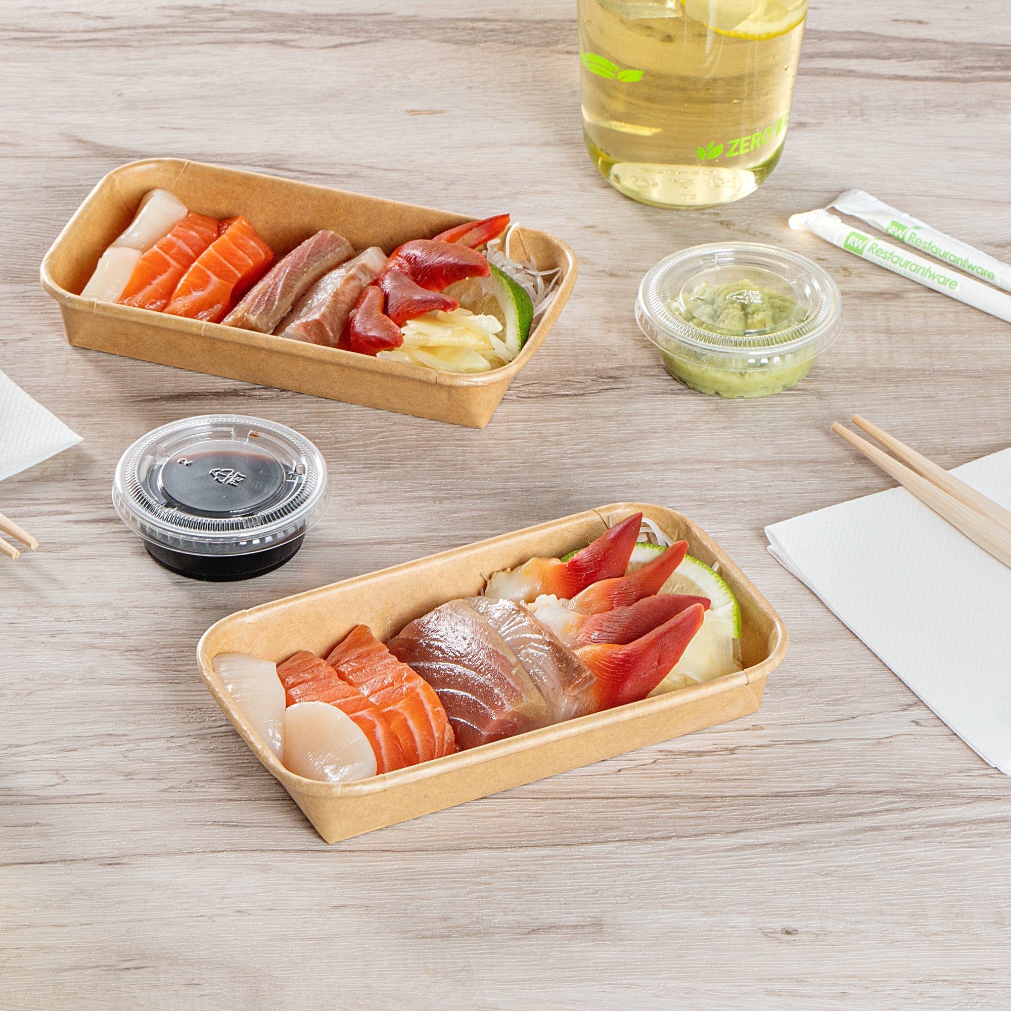 Matsuri Vision 6 oz Rectangle Kraft Paper Sushi Container - 6 1/4" x 3 1/2" x 1" - 100 count box