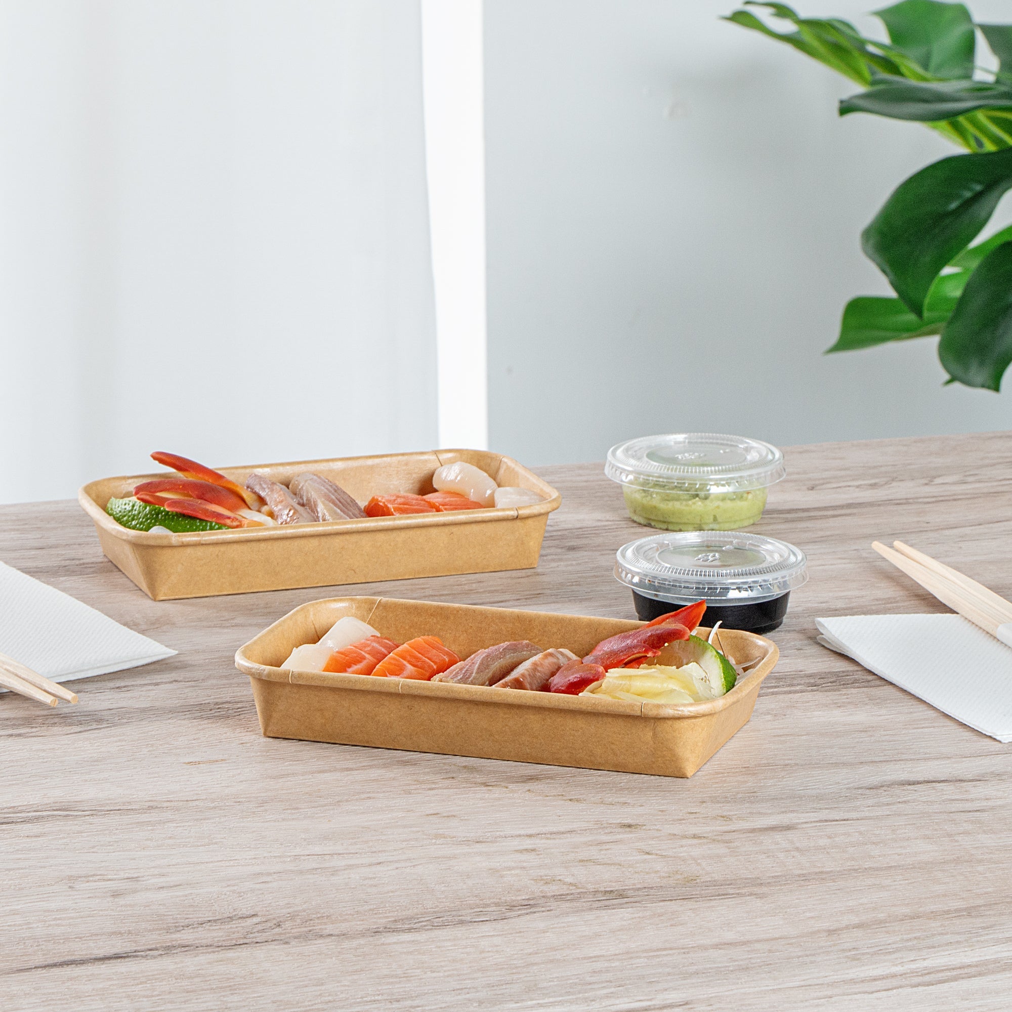 Matsuri Vision 6 oz Rectangle Kraft Paper Sushi Container - 6 1/4" x 3 1/2" x 1" - 50 count box
