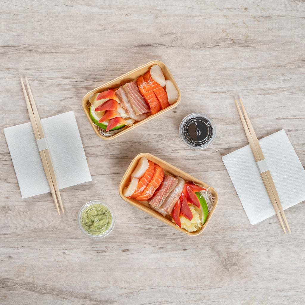 Matsuri Vision 6 oz Rectangle Kraft Paper Sushi Container - 6 1/4" x 3 1/2" x 1" - 50 count box
