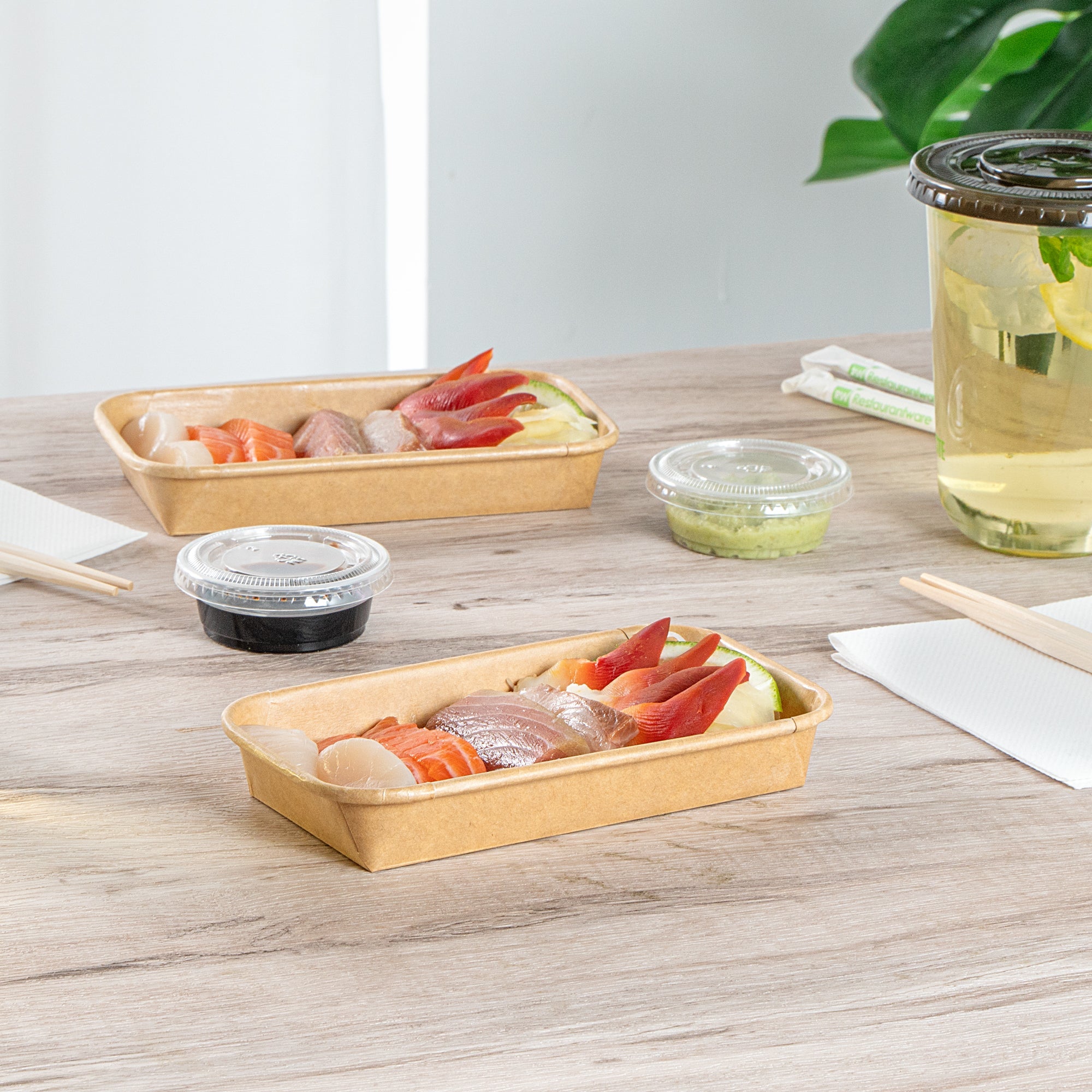 Matsuri Vision 6 oz Rectangle Kraft Paper Sushi Container - 6 1/4" x 3 1/2" x 1" - 50 count box