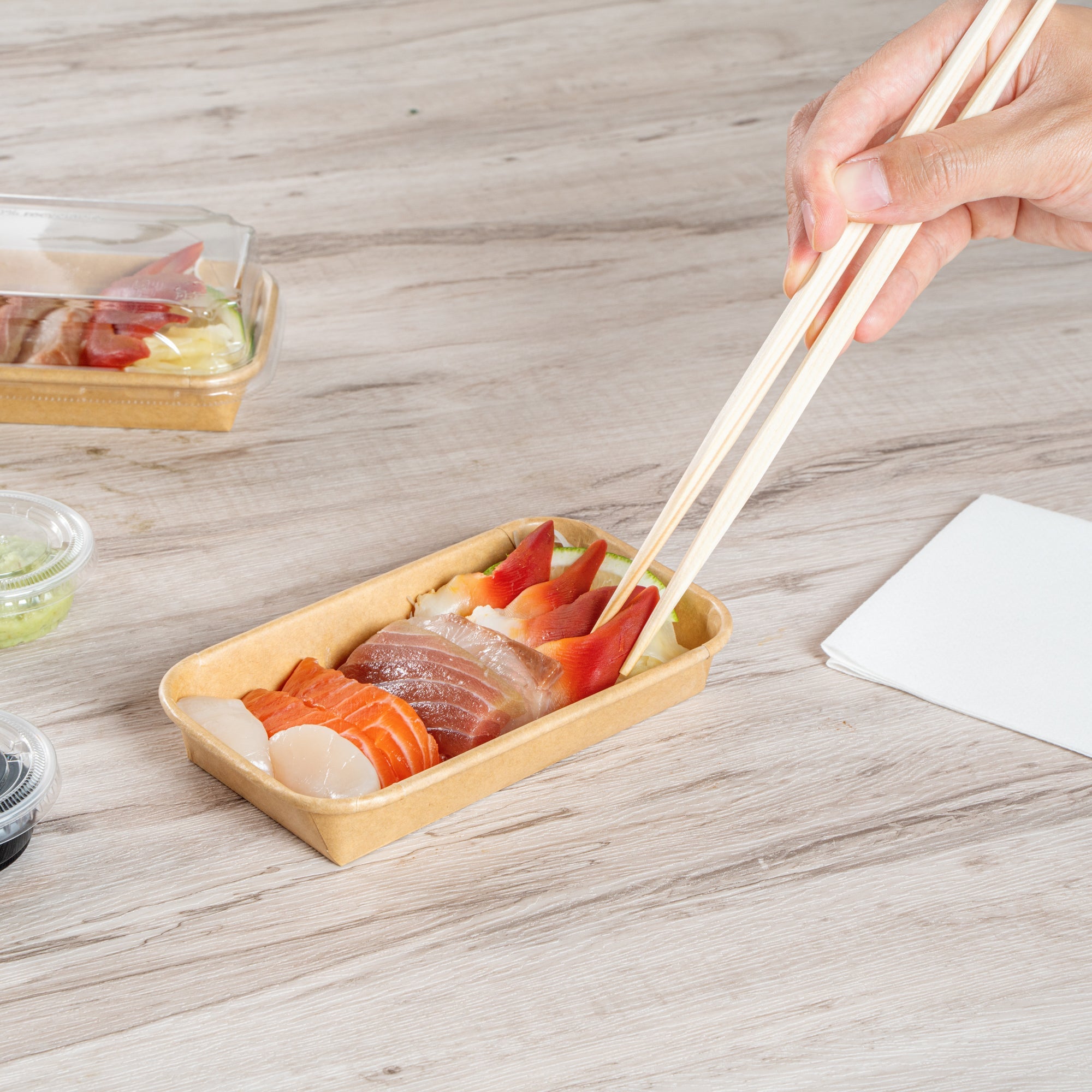 Matsuri Vision 6 oz Rectangle Kraft Paper Sushi Container - 6 1/4" x 3 1/2" x 1" - 100 count box