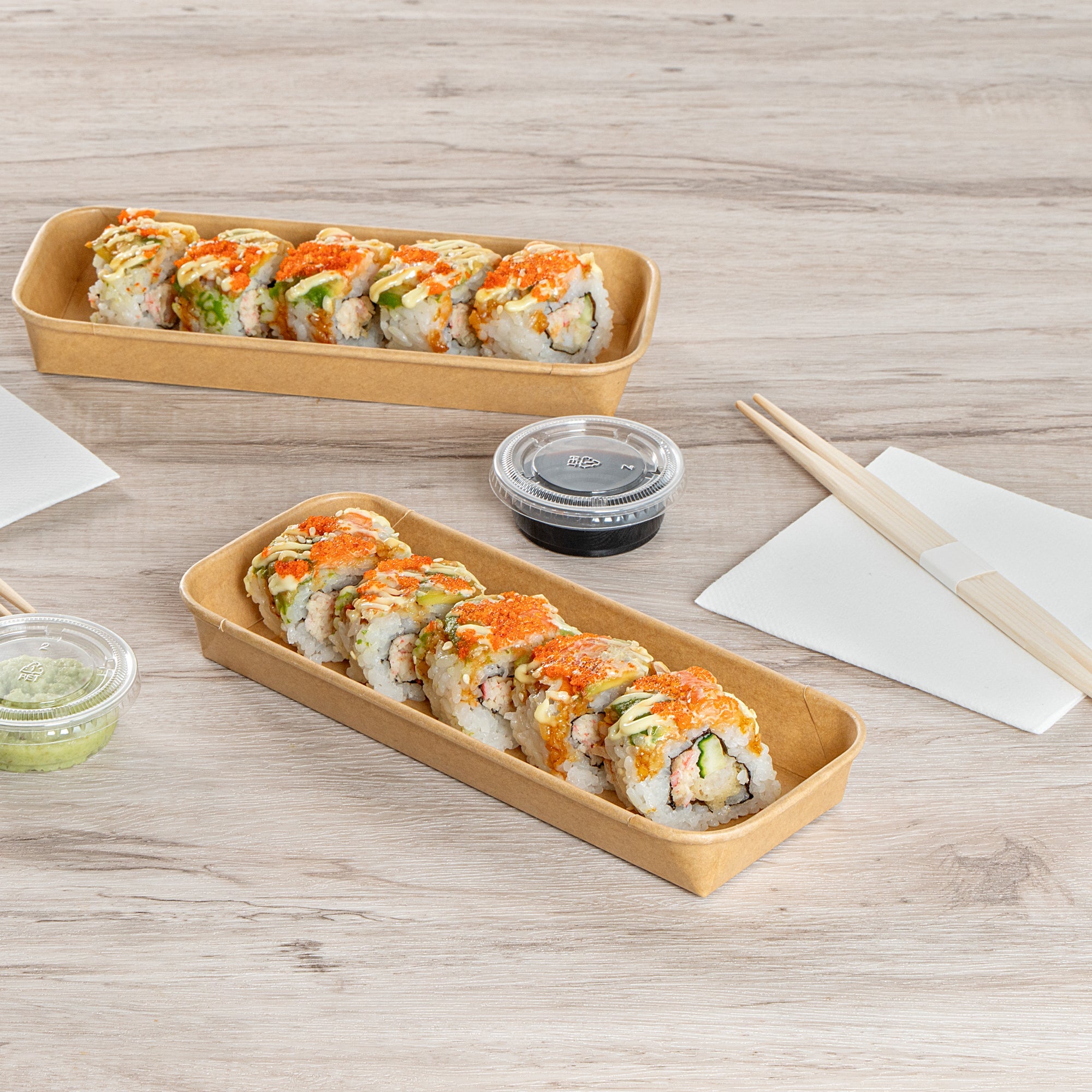 Matsuri Vision 10 oz Rectangle Kraft Paper Sushi Container - 8 3/4" x 3 1/2" x 1" - 100 count box