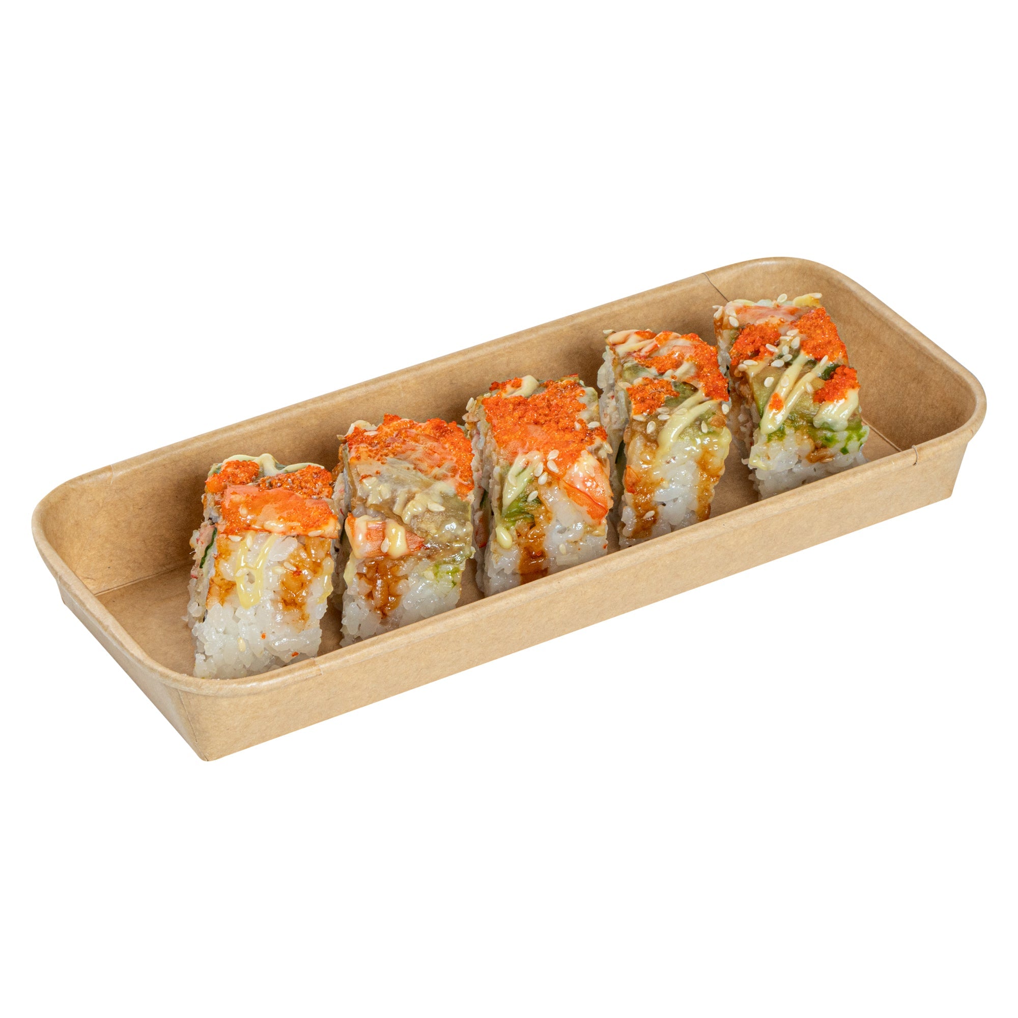 Matsuri Vision 10 oz Rectangle Kraft Paper Sushi Container - 8 3/4" x 3 1/2" x 1" - 50 count box