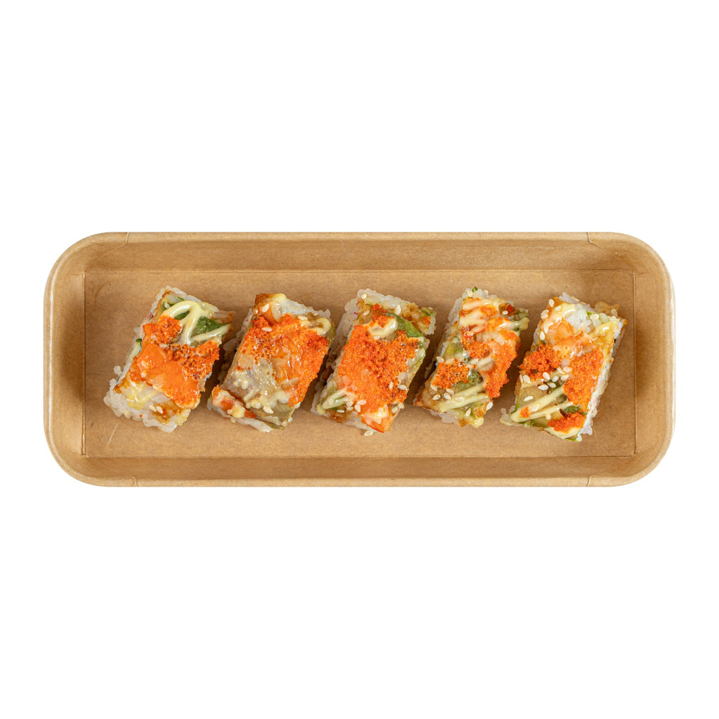 Matsuri Vision 10 oz Rectangle Kraft Paper Sushi Container - 8 3/4" x 3 1/2" x 1" - 50 count box