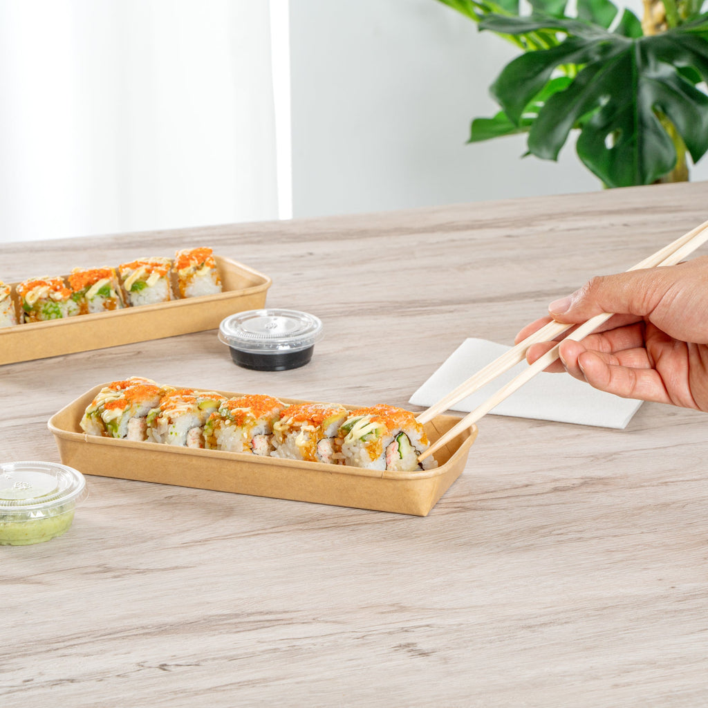 Matsuri Vision 10 oz Rectangle Kraft Paper Sushi Container - 8 3/4" x 3 1/2" x 1" - 50 count box