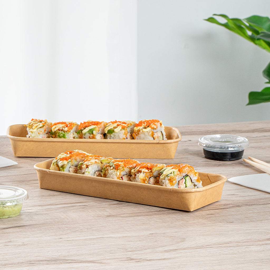 Matsuri Vision 10 oz Rectangle Kraft Paper Sushi Container - 8 3/4" x 3 1/2" x 1" - 50 count box