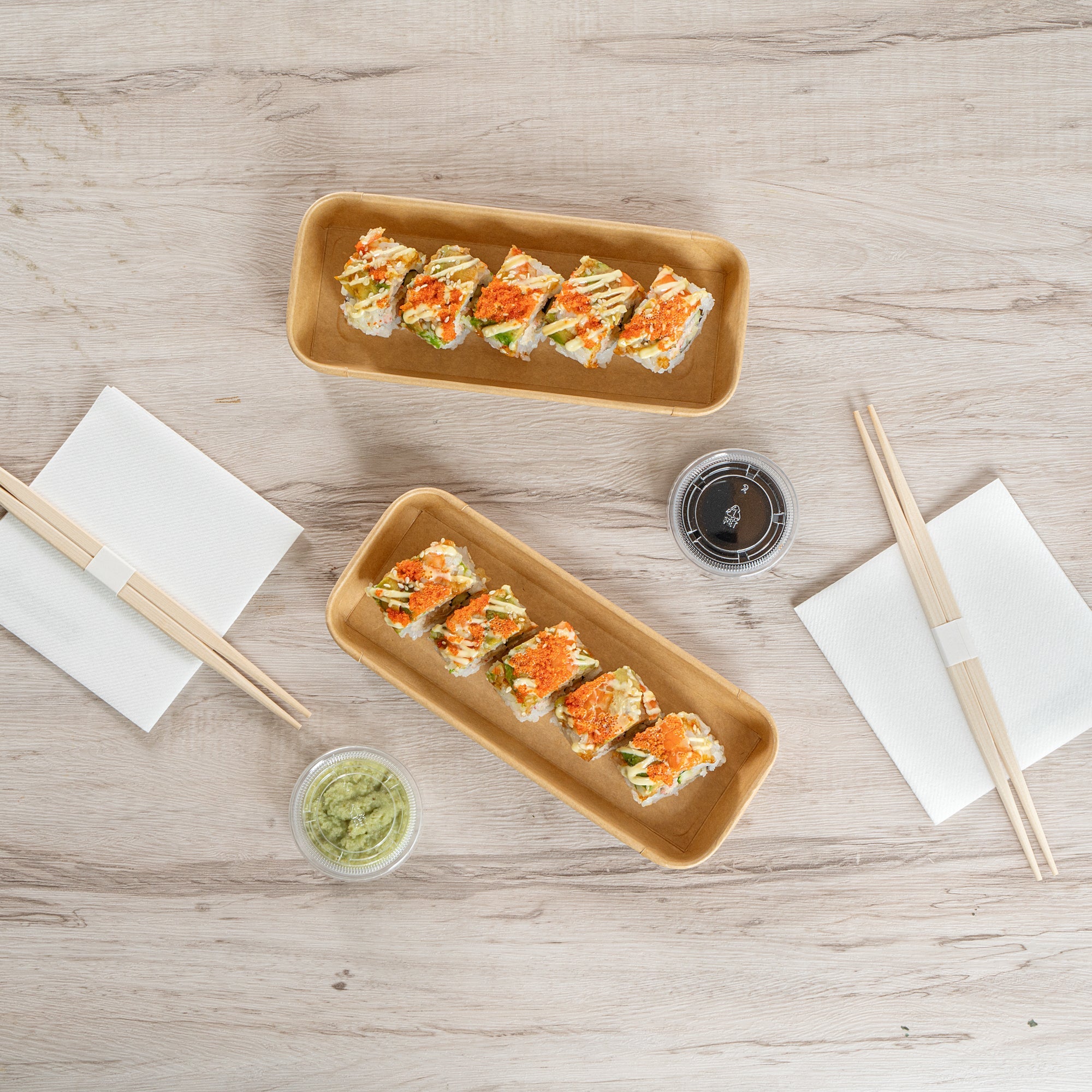 Matsuri Vision 10 oz Rectangle Kraft Paper Sushi Container - 8 3/4" x 3 1/2" x 1" - 50 count box