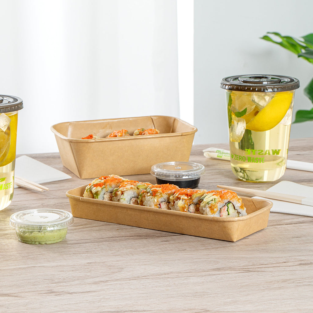 Matsuri Vision 10 oz Rectangle Kraft Paper Sushi Container - 8 3/4" x 3 1/2" x 1" - 50 count box