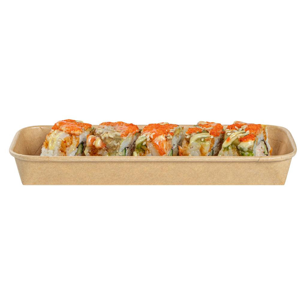 Matsuri Vision 10 oz Rectangle Kraft Paper Sushi Container - 8 3/4" x 3 1/2" x 1" - 100 count box